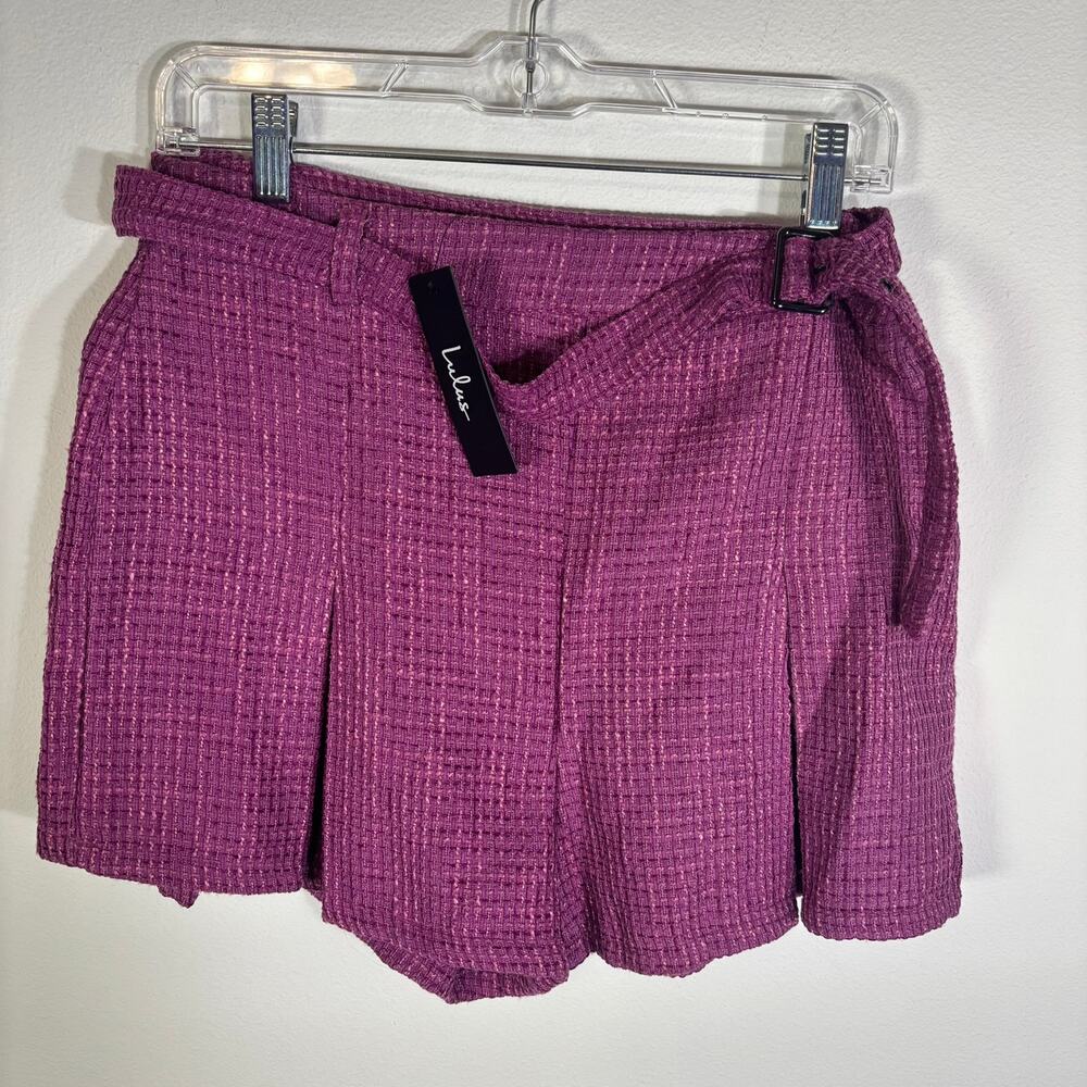 NWT Lulus Purple Tweed Belted Skort Medium High Waist Pleated Shorts Mini Shorts